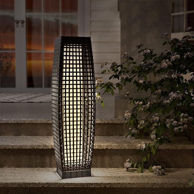 Grand patio Outdoor Floor Lamp Solar Powered Lantern Water-Resistant Wicker Deck Light for Garden or Porch - Medium Fuji, Silver Gray