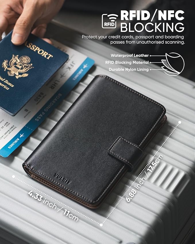 VULKIT Passport Holder with Airtag Holder RFID Blocking Passport Wallet Travel Leather Passport for Women(Black Brown)