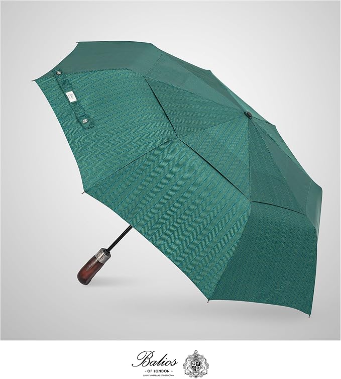 Balios Travel Folding Umbrella with Real Wood Handle Auto Open Close Vented Windproof Canopy - Designed in UK