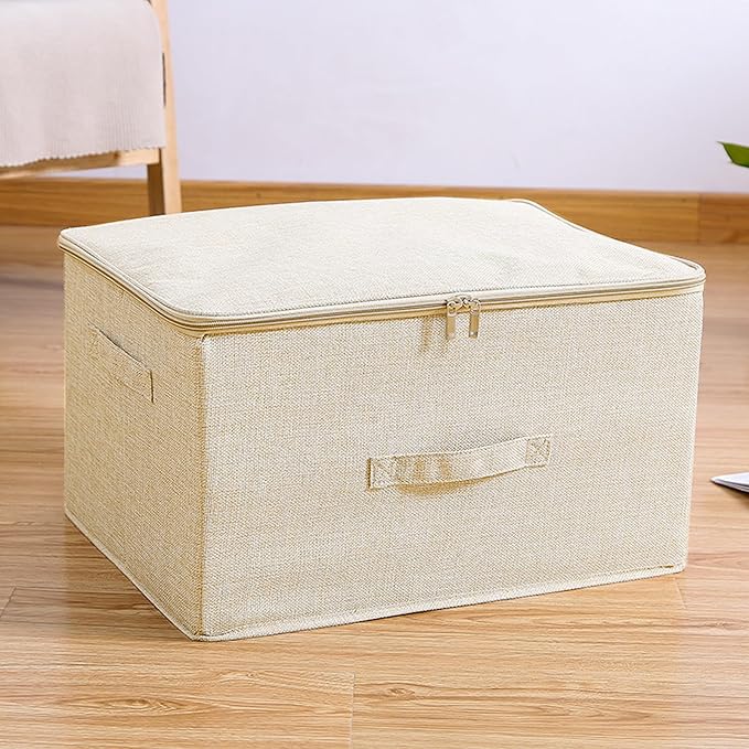 ANMINY Storage Bins with Zipper Lids 51.9 Qt Lidded Fabric Storage Boxes Baskets Cubes with Handles Collapsible Washable Cotton Linen Closet Shelf Clothes Organizer - Beige, Extra Large