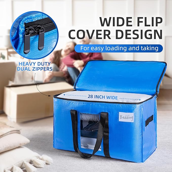 TAILI Extra Large Moving Bags, 12 Pack Blue Heavy Duty Totes For Storage with Visible Window, Wrap Around Handles, Storage Bags for Space Saving, Alternative to Moving Boxes