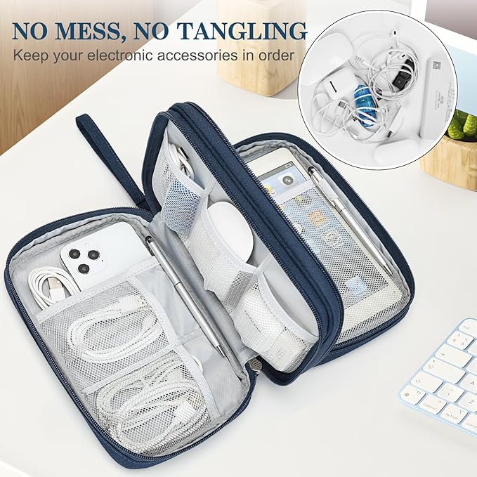 FYY Electronic Organizer, Large Travel Cable Organizer Bag Pouch Electronic Accessories Carry Case Portable Waterproof Double Layers All-in-One Storage Bag for Cable, Cord, Charger, Phone, Navy