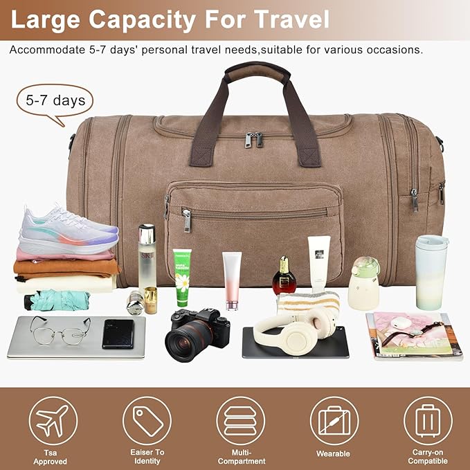 Felipe Varela 60L Duffle Bag for Men, Large Expandable Canvas Duffel Bag for Travel, Mens Carry On Luggage Bag Traveling Weekender Gym Overnight Bags for Airplanes, Coffee