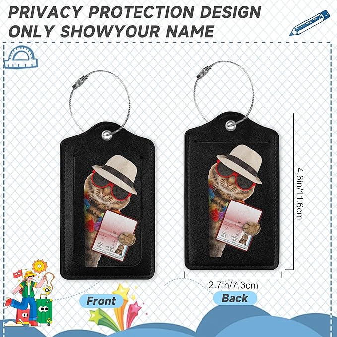 2 Pack Leather Luggage Tag for Suitcase Funny Cat Passport Airline Ticket Unique Travel Tags with Privacy Cover ID Label & Stainless Steel Loop for Men and Women Baggage