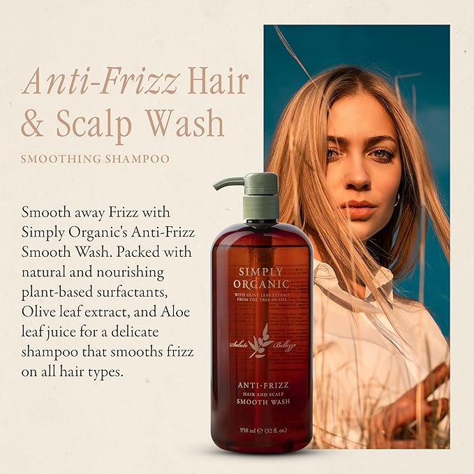 SIMPLY ORGANIC Frizz Control Hair Shampoo Scalp Wash Made in Italy, All Natural Cruelty Free Hair Care for Women & Men with Aloe Leaf Juice & Olive Leaf Extract, 32 fl oz/958 ml, ANTI-FRIZZ