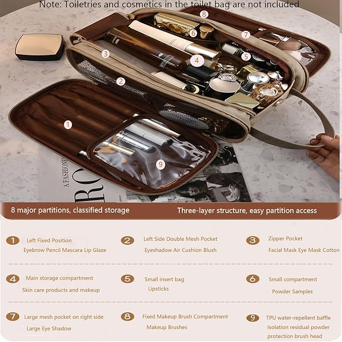 Travel Toiletry Bag for Women PU Leather Triple-layer Double Zipper Toiletry Bags,Waterproof with Handle Mens Toiletry Bag Stowable Brushes, Toiletries Makeup for Business Trips Camping Bathroom Brown