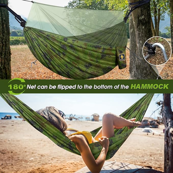 Camping Hammock with Net,Travel Portable Lightweight Hammocks with Tree Straps and Solid D-Shape Carabiners,Parachute Nylon Hammock for Outsides Backpacking Beach Backyard Patio Hiking