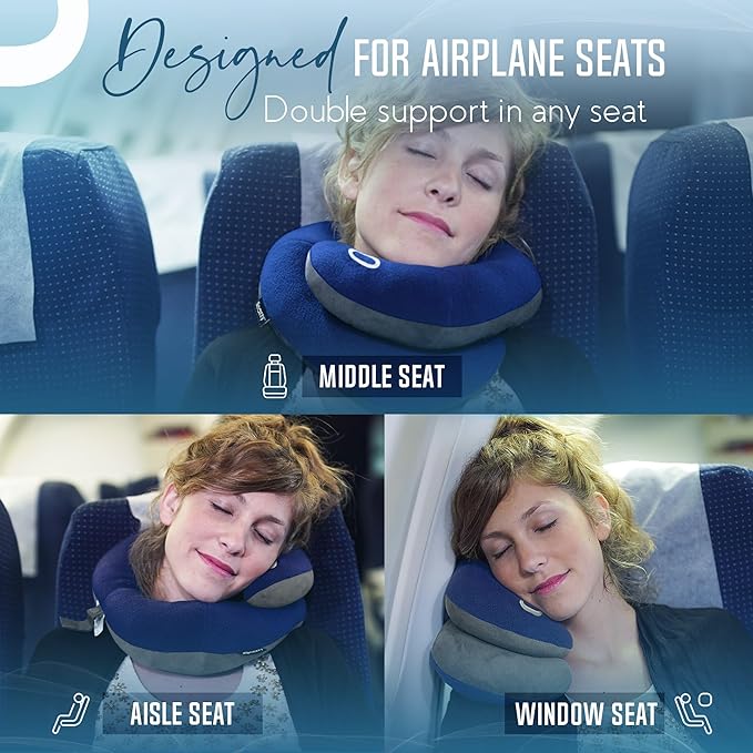 BCOZZY Travel Neck Pillow for Airplane– Patented Double Support for Head, Neck, and Chin. Best for Long Flights, Plane Sleeping, and Car Rides. Adjustable Size. Fully Washable. Carry Bag. Large, Nude