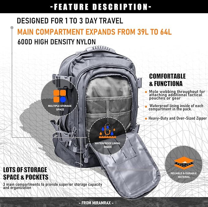 Tactical Backpack Military Backpacks for Men Army Expandable 3 Day Assault Pack Molle Backpacks Bug Out Bag (Grey)