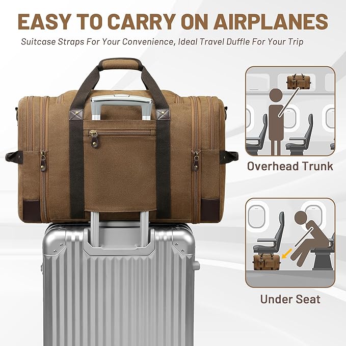 Travel Duffle Bag for Men, Heavy Duty Canvas Duffle Bag, Carryon Bags for Airplanes, Expandable Vintage Leather Overnight Luggage Weekender Bag, Waterproof Anti-tear Canvas Bag