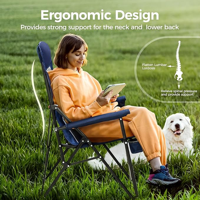 ALPHA CAMP Heavy Duty High Back Camping Chairs with Cup Holder Oversized Folding Chair Outdoor Chair with Headrest,Lawn with Side Pocket for Lawn, Sports and Fishing, 500lbs