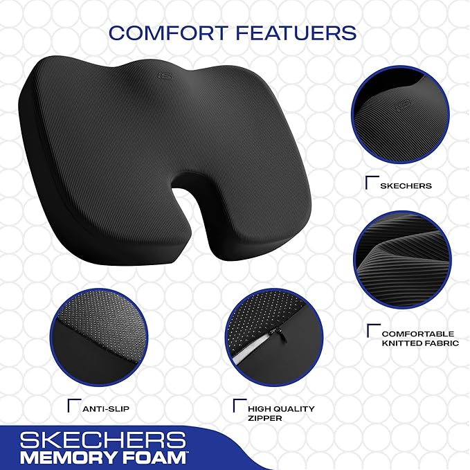 Skechers Memory Foam Seat Cushion,Office Chair Cushion for Tailbone Pain Relief,Butt Pillow for Office Chair,Car seat Cushion,Computer Desk,Long Sitting Office Workers,and Car Drivers,Black