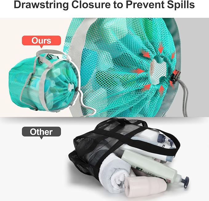 F-color Mesh Shower Caddy Portable with Drawstring - Upgrade Deeper 7 Pockets Dorm Room Essentials for Guys Girls with S Hook, Shower Bag Basket Tote for College Camping Bathroom, 2 Pack Mint Green
