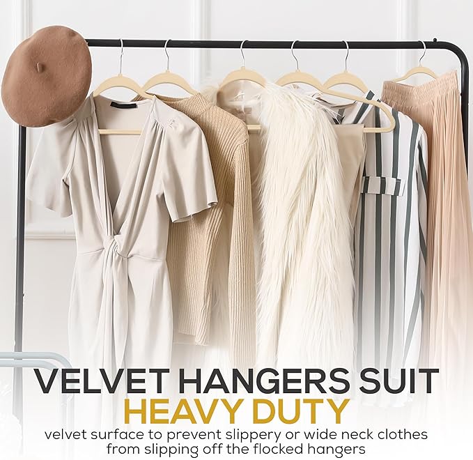 50 Pack New Premium Quality Velvet Hangers Ultra Thin Non Slip Adult Felt Space Saving Hangers for Closet Heavy Duty Coat Pants Jackets Dress Hangers 360° Swivel Hook Hold Upto 10 lbs Ivory
