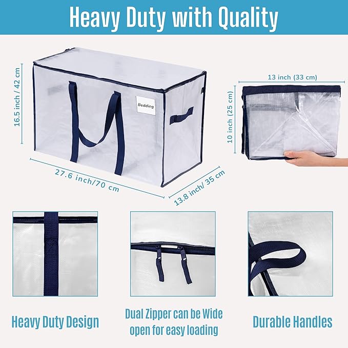 VENO 10 Pack Moving Bags, Heavy Duty, Moving Boxes Alternative, Packing Storage Supplies for Dorm Room Essentials with Zipper for Clothes, Extra Large Totes for Packaging (Clear, 10 Pack)