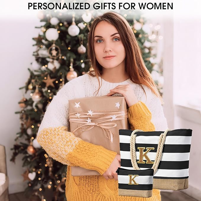 Becokan Beach Bag Initial Beach Tote with Makeup Bag for Travel Work Storage Personalized Birthday Gifts for Women Her