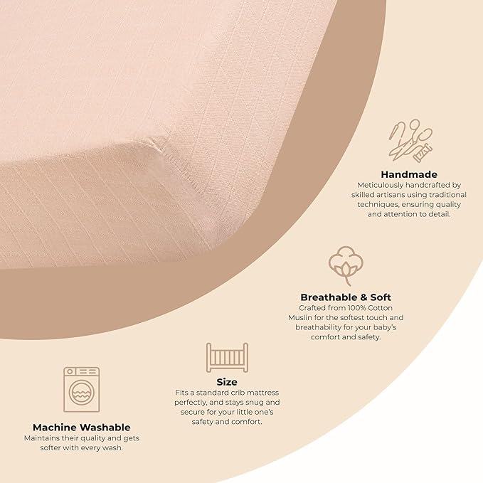 Crane Baby Cotton Sateen Fitted Sheet, 28x52'', Desert Rose, Pink Crib Sheets for Girls, Soft Cotton Crib Sheets for Girls, Nursery Decor for Girl Nursery, Elastic Pockets