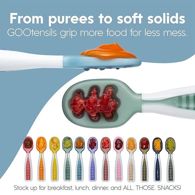 NumNum Baby Spoons Set, Baby Essentials Pre-Spoon GOOtensils for 6+ Months, First Stage Self-Feeding Spoons for Baby Led Weaning (BLW), Silicone Toddler Utensils, BPA-Free, 2 Pack Red/Yellow