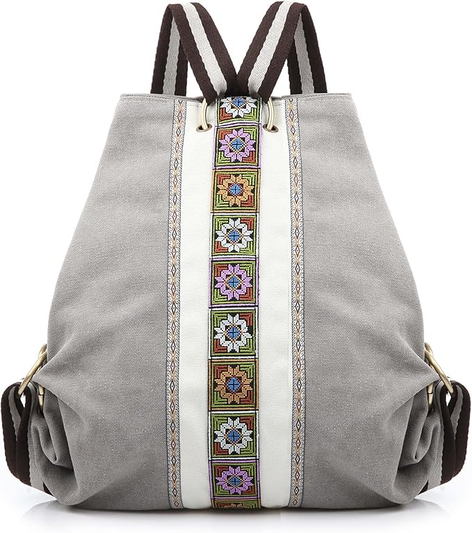 Goodhan Women Canvas Backpack Daypack Casual Shoulder Bag, Vintage Heavy-duty Anti-theft Travel Backpack, Light Grey