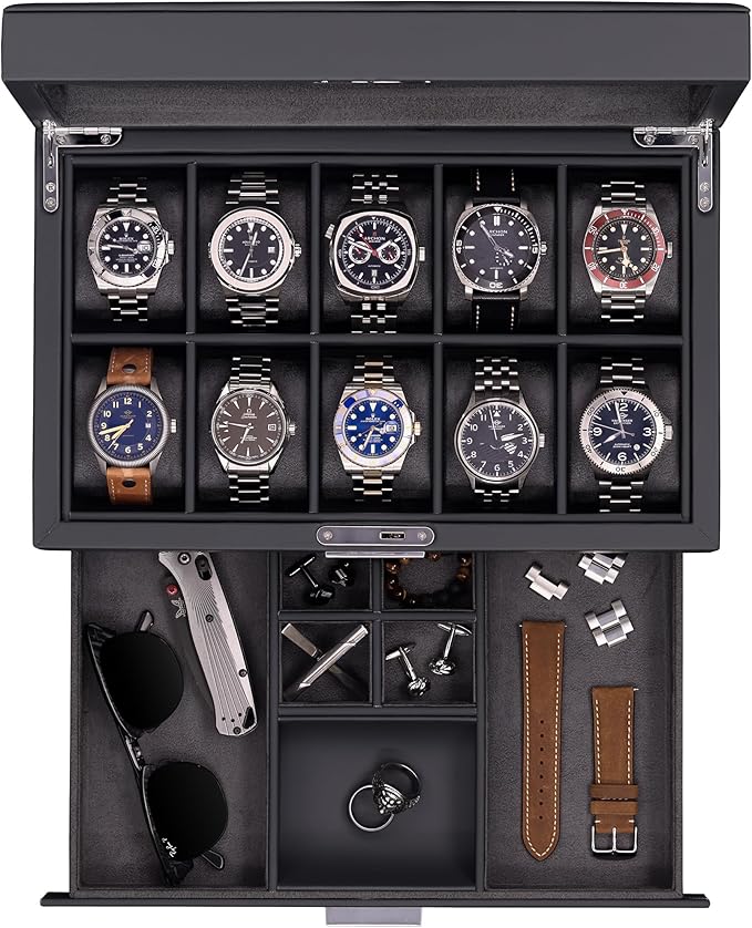 ROTHWELL 10-Slot Watch Box in Leather with Valet Drawer, Luxury Watch Case Display Organizer with Ultra Soft Microsuede Liner, Jewelry and Sunglass Holder With Large Glass top (Carbon)