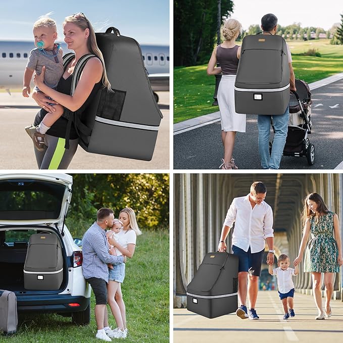 Car Seat Travel Bag - Padded Car Seat Carrier with Steel Cable Handle and Reflective Stripes, Large Durable Airport Gate Check Bag with Shoulder Strap