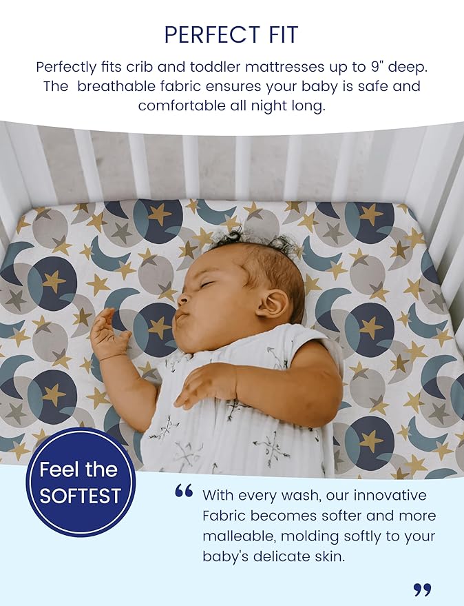 TotAha Space Crib Fitted Sheet, Super Stretchy Jersey Star Crib Sheets, Buttery Soft Boy Crib Mattress Sheets, Ultra Breathable Baby Bed Sheets 28x52x9 Extra Deep Pocket, 2 Pack