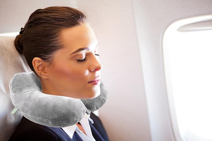 Inflatable Travel Neck Pillow: Extra-Soft, Cushion. For Airplanes, Trains, Cars, Portable Travel Accessory-With Carrying Pouch For cell phone and Passport Etc. (Grey)