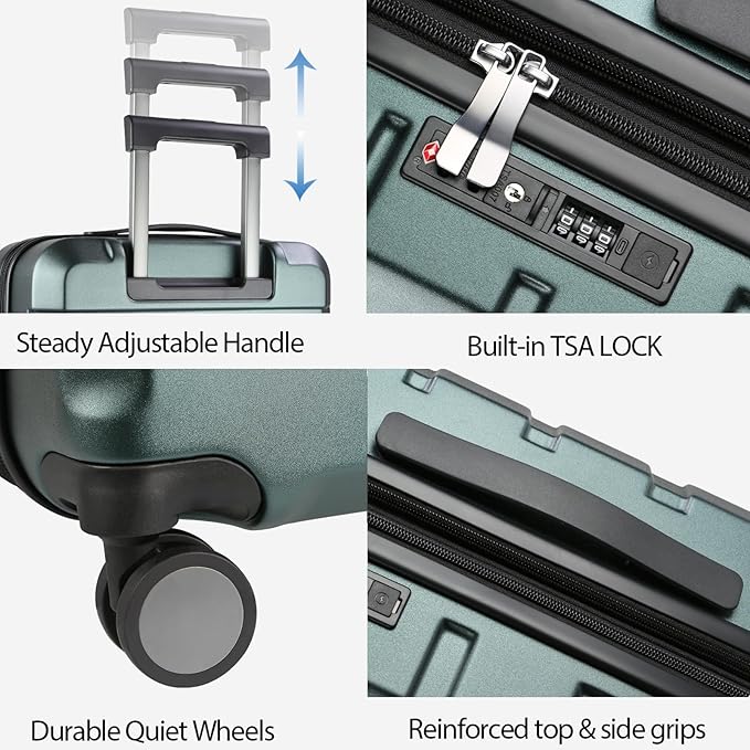 KROSER Hardside Expandable Carry On Luggage with Spinner Wheels & Built-in TSA Lock, Durable Suitcase Rolling Luggage with USB Port, Carry-On 20-Inch, Dark Green