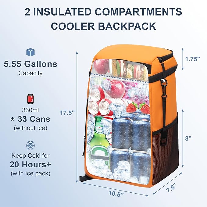 SPARTER Backpack Cooler Insulated Leak Proof 33/49 Cans, 2 Insulated Compartments Thermal Bag, Portable Lightweight Beach Travel Camping Lunch Backpack for Men and Women