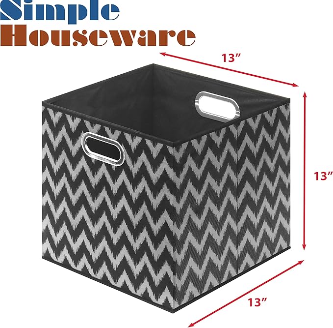 SIMPLE HOUSEWARE 13-Inch Collapsible Fabric Cube Storage Bin with Handles, Printed Design, 3 Pack, Black