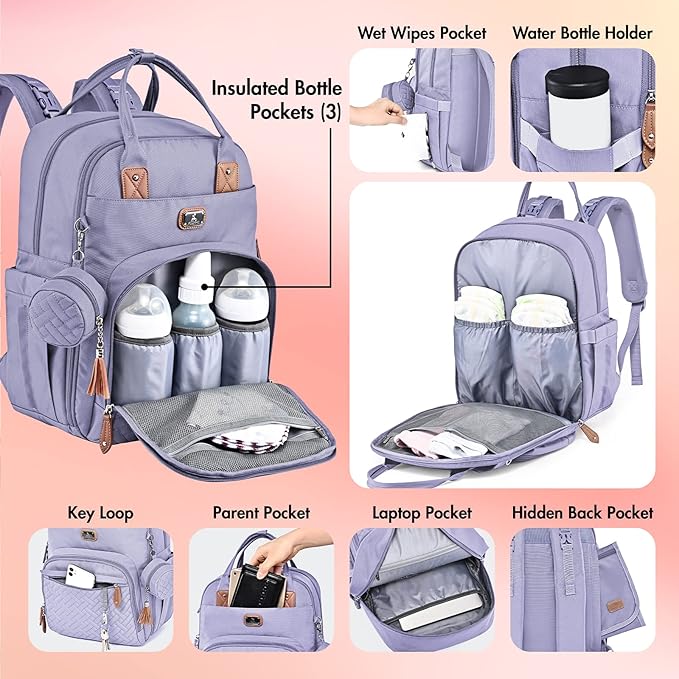 Dikaslon Diaper Bag Backpack with Portable Changing Pad, Pacifier Case and Stroller Straps, Large Unisex Baby Bags for Boys Girls, Multipurpose Travel Back Pack Moms Dads, Taro Purple