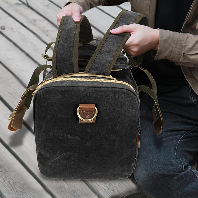 50L Duffle Bag for Men, Nomad Waxed Canvas Travel Duffel Bag Vintage Genuine Leather Travel Handbag Upgraded Weekender Overnight Backpack with Shoes Compartment (Vintage Black, Large-50L)