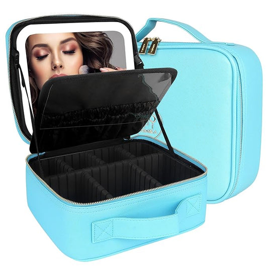 MOMIRA Travel Makeup Bag Cosmetic Bag Makeup Organizer Bag with Lighted Mirror, Adjustable Brightness in 3 Color Scenarios, Waterproof Makeup Train Case, Gift for Women - Diamond Blue