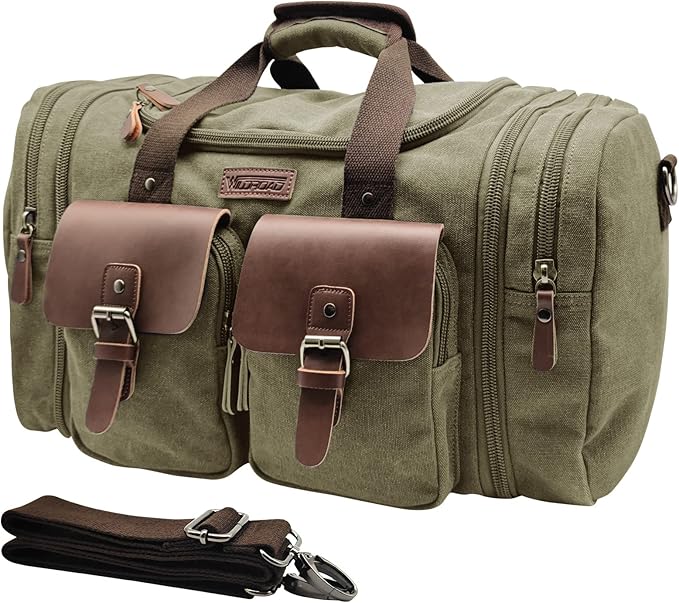 Wildroad 50L Travel Duffel Bag, Expandable Canvas Genuine Leather Duffle Bag Upgraded Overnight Weekender Carry on Bag