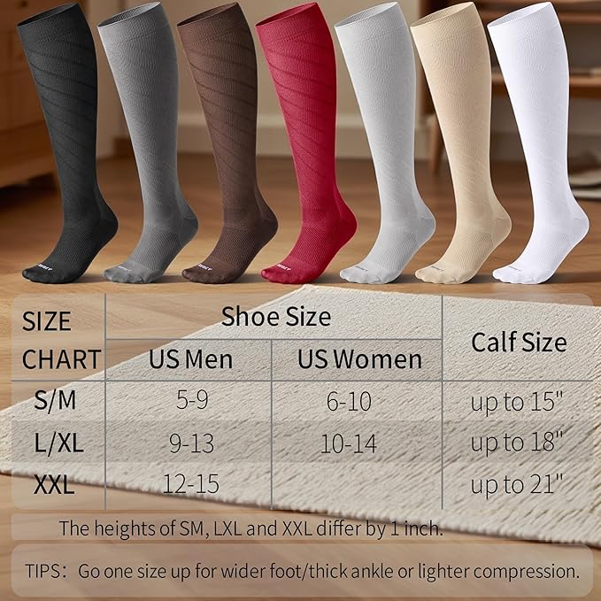 4 Pairs Light Compression Socks for Women Men 15-20 mmHg - Knee High Support for Daily Wear, Travel, Pregnancy, Nurses