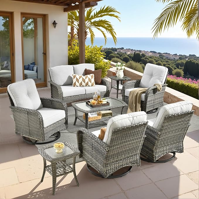 HOOOWOOO Patio Furniture Set,8 Pieces Outdoor Conversation Set,All Weather Wicker Loveseat Sofa Set with High Back Swivel Rocking Chairs Tables,Light Gray