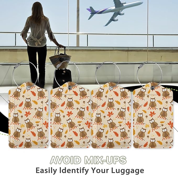 2 Pack Luggage Tags for Suitcase,Autumnal Leaves and Owl Bird Leather Luggage Tag Bag Tags Identifiers Privacy Cover Id Label with Steel Loop for Women Men Girls Boys Travel