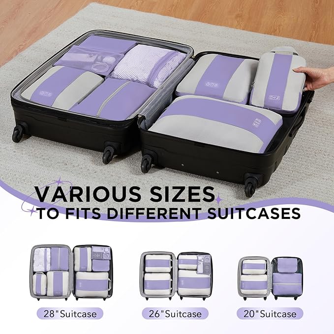 8 Set Compression Packing Cubes for Travel Essentials,Compressible Expandable Packing Cubes for Suitcase,OlarHike Luggage Organizer Bags for Travel,Handy Helper for Organizing Clothes(Purple Gray)