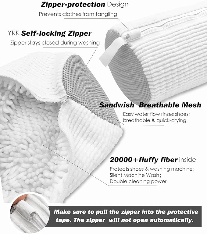 Shoe Washing Machine Bag,Laundry Shoe Bag for Washer and Dryer,Reusable Shoe Cleaning Bag for Sneakers,Tennis Shoes,With Self-locking Zipper, Microfiber Inside,Include Shoes Storage Bag (White(2PC))