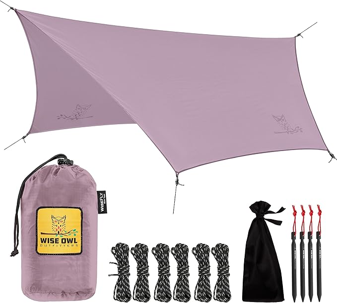 Wise Owl Outfitters Hammock Rain Fly – Waterproof Camping Tarp Cover with Tent Stakes & Carry Bag, Ultralight Shelter for Backpacking & Outdoor Shade