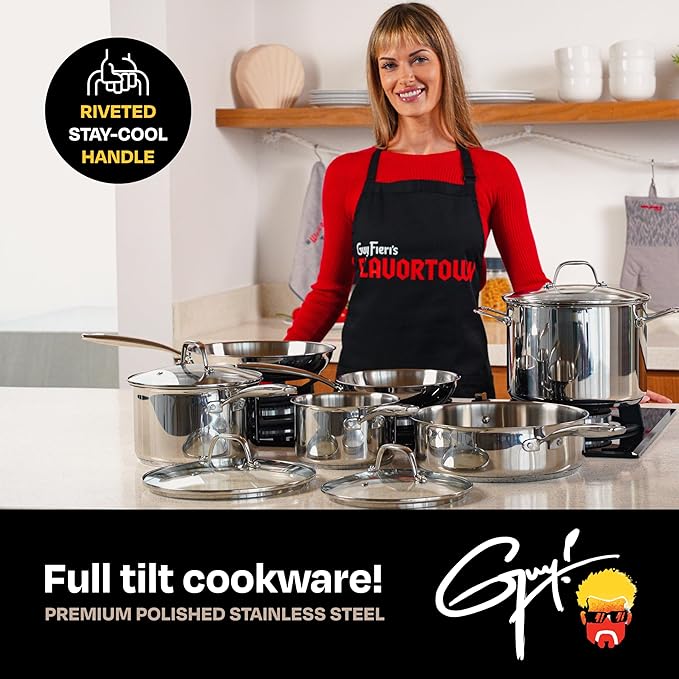 Guy Fieri's Flavortown 10-Piece Stainless Steel Cookware Set - Includes Frying Pans, Saucepans, Saute Pan and Stock Pot - Pots and Pans, Oven-Safe up to 500F