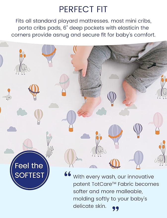 TotAha Premium Stretchy Pack N Play Playard Sheets | Mini Crib Sheets (2-Pack)-Hypoallergenic, Silky Comfort, Buttery Soft, Calming Effect, All-Season Jersey-Knit Sheets 38 X 24 (Balloon & Sailboat)