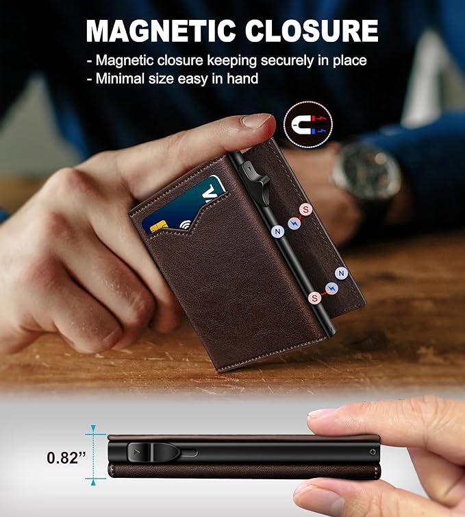Wallet for Men,with Cash Pocket 2 ID Window 9-13 Cards,Metal Case Smart Slim Pop Up Credit Card Holder Flip with Magnetic Closure RFID Blocking Trifold wallet with Gift Box