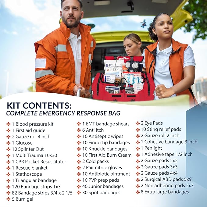 MFASCO First Aid Kit - Fully Stocked Portable Reflective Bag -First Responder Emergency Response Kit -for Natural Disaster Preparedness - Customizable Storage -Includes 415 Pcs First Aid Supplies- Red