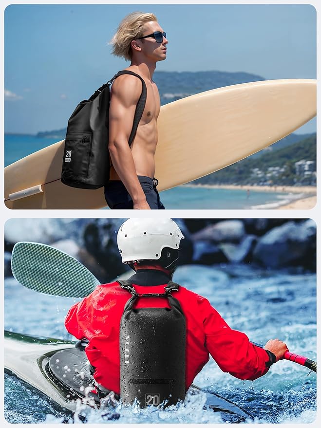 HEETA Waterproof Dry Bag with Front Zippered Pocket for Women Men, 5L/10L/20L/30L/40L Roll Top Lightweight Dry Storage Bag Backpack for Travel, Kayaking, Boating, Rafting, Camping, Hiking & Beach
