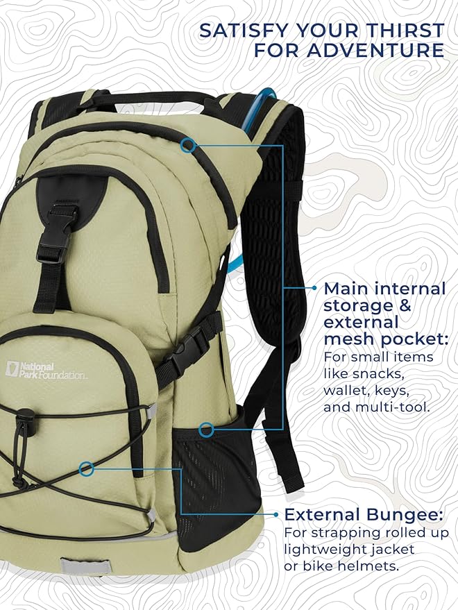National Park Foundation 18L Hydration Backpack with 2 Liter Hydro Water Bladder Bag, Lightweight Daypack for Cycling, Hiking, Running, Climbing, for Men Women Kids