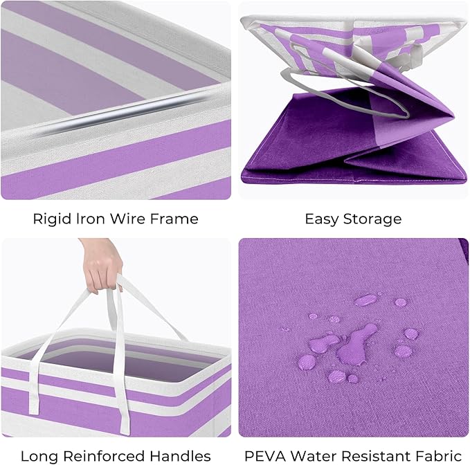 HomeHacks 2 Pack Large Laundry Baskets, Waterproof, Freestanding Laundry Hampers, Collapsible Clothes Hamper with Reinforced Handles in Laundry, College Dorm, Bathroom, Bedroom (Purple, 100Lx2)