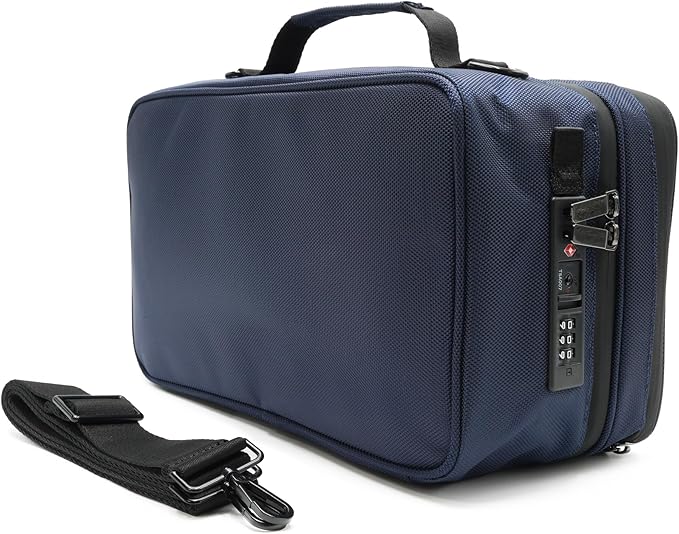 Large Storage Case with TSA Combination Lock Bag, Portable Carbon Lined, XL Medicine Lockable Box for Travel & Home Secured Box Organizer Divider Jars Accessories, Removable Tray (Blue)