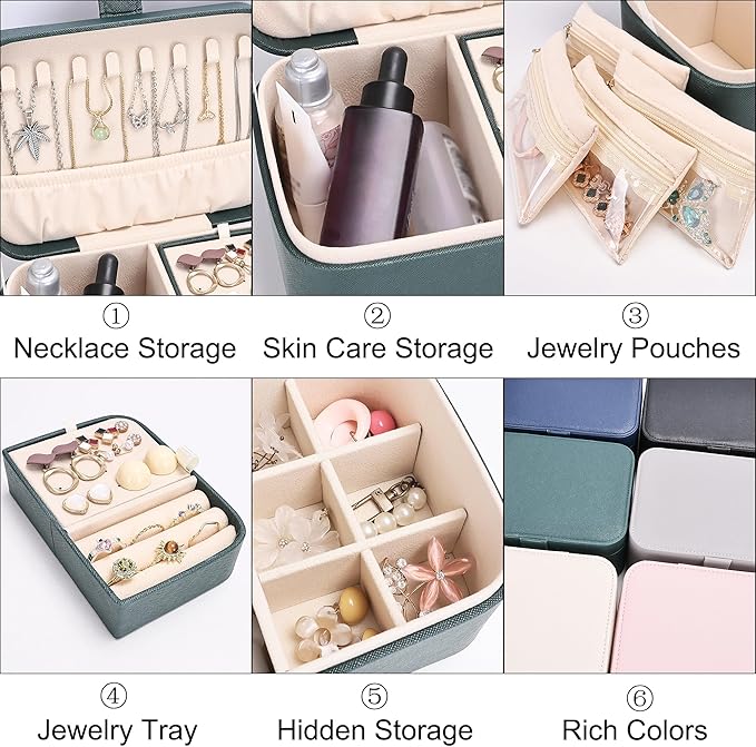 2 Layer Large Jewelry Travel Case with 4 Jewelry Pouches, PU Leather Portable Jewelry Storage Box, Medium Size Jewelry Organizer Box for Earrings, Necklaces, Bracelets (dark green)