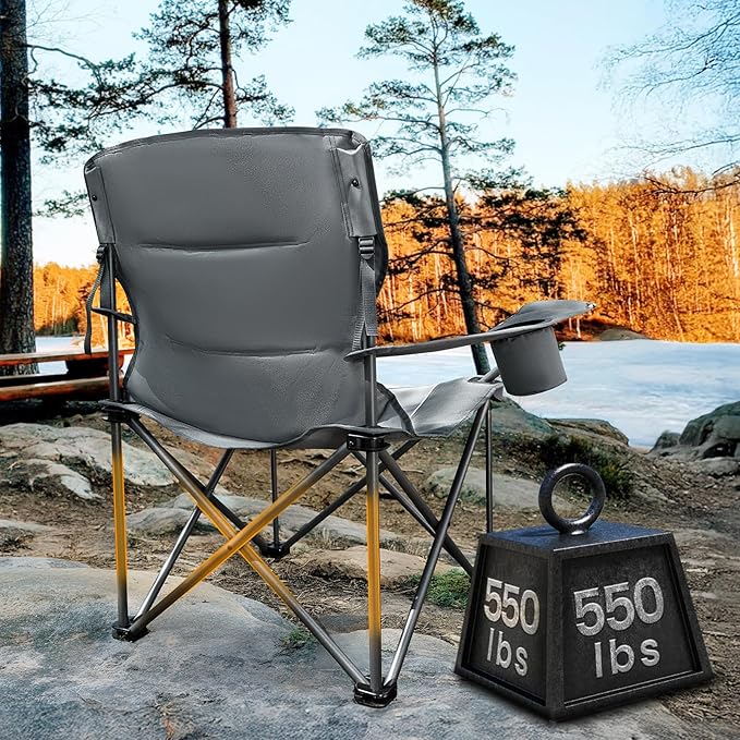 TIMBER RIDGE Oversized Folding Camping Chair for Adults, Support 550 LBS Heavy Duty with Cup Holder Side Pocket for Camping, Lawn, Picnic, Grey